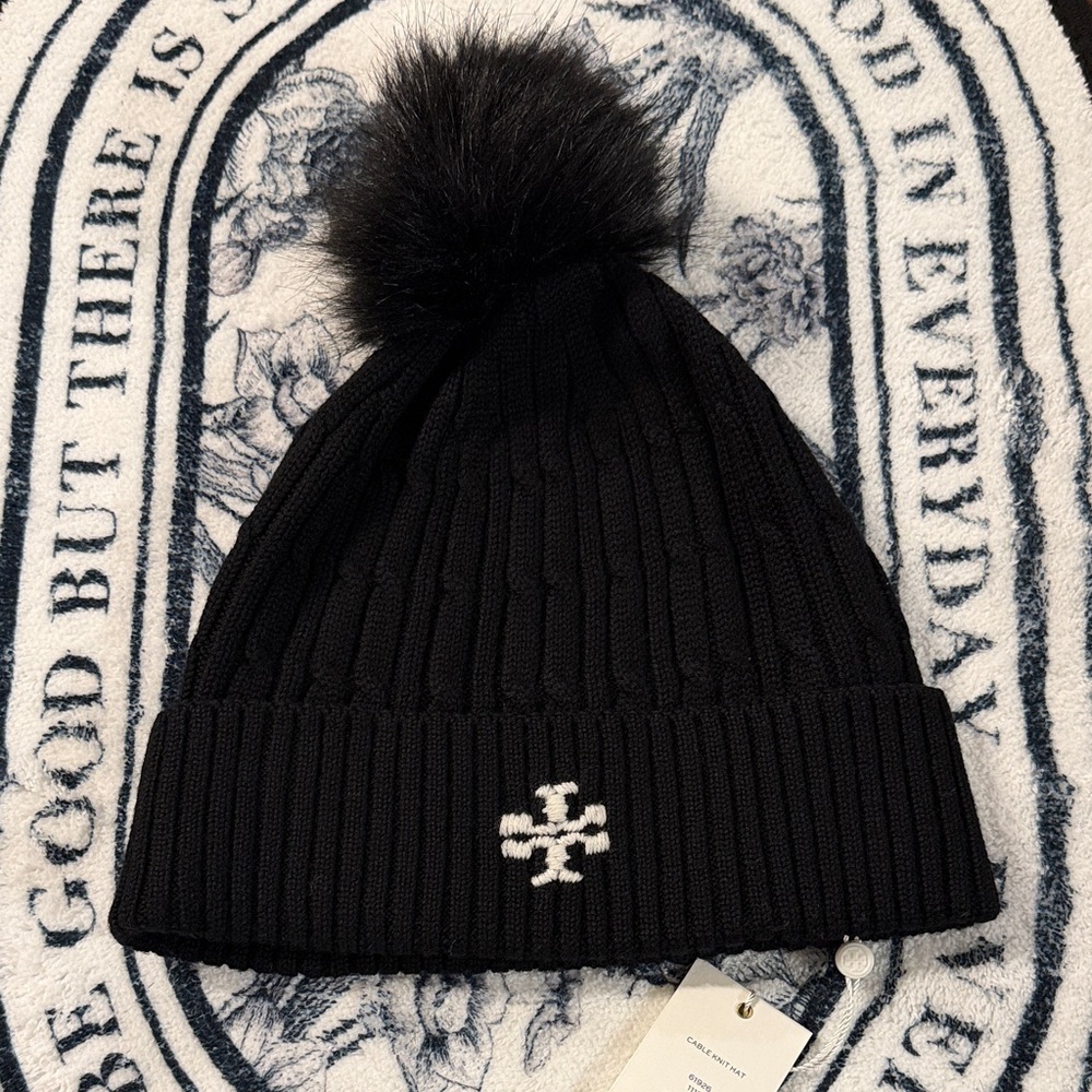 Tory Burch cable knit hat with Pom Pom